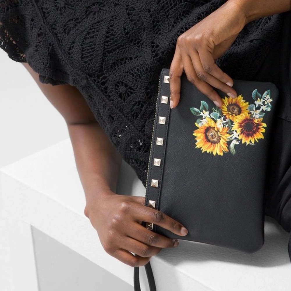 White House Black Market Black Clutch with Sunflower Design